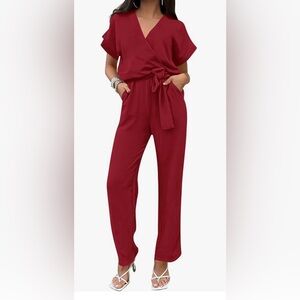 PRETTYGARDEN Womens Short Sleeve Wrap V Neck Belted Wide Leg Jumpsuit